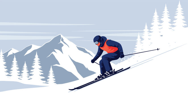 Professional skier in blue and orange gear speeds down a snowy mountain slope with pine trees and high peaks in the background.
