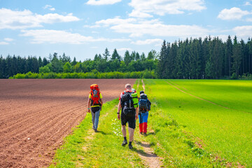 Fototapeta premium Four people walk on a path through agricultural land in Nova Paka, Czechia. Red clay soil and green fields are visible under a bright blue sky with clouds.