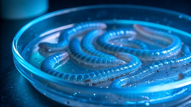 Close-up of larvae in a petri dish with blue light in a science laboratory worms