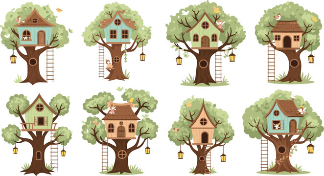 Whimsical treehouse collection with cozy wooden homes, ladders, lanterns and lush trees in magical forest cartoon style vector illustration set