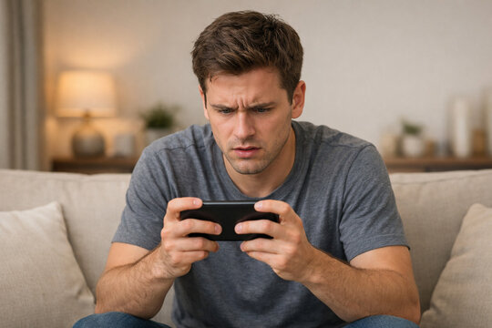 A young man in a home is deeply engrossed in playing a mobile game on their smartphone
