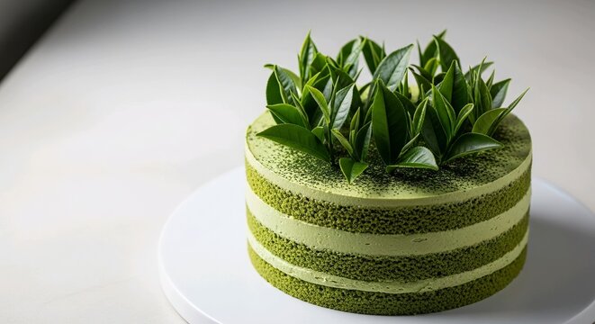 Matcha green tea layer cake decorated with fresh tea leaves