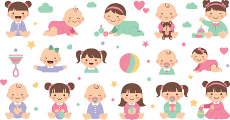 Obraz premium Cute Baby Girls and Toddlers Collection with Newborn Infants Sitting Crawling Playing and Holding Toys in Cartoon Vector Illustration Style.