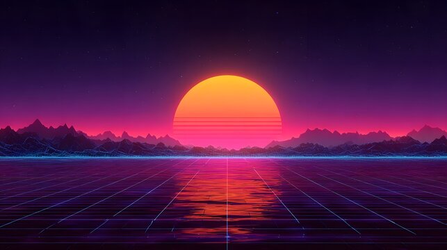 Retro Sunset Over Digital Ocean with Grid Landscape.