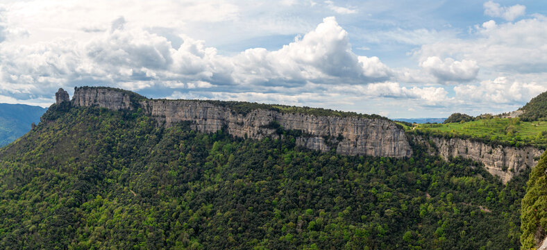 Panoramic view of Cingles de Casadevall cliffs, a spectacular hiking route near Rupit in the province of Barcelona, catalonia, Spain