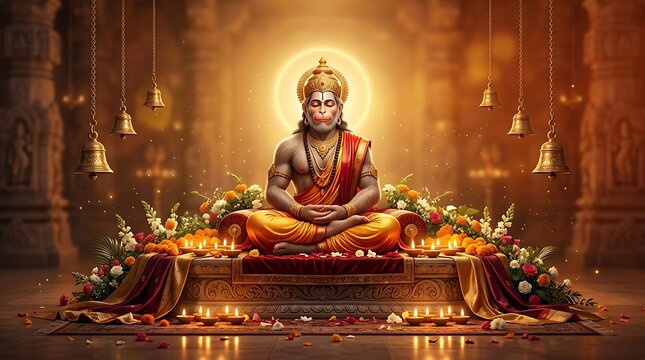 Lord Hanuman Meditating for Hanuman Jayanti in a Divine Temple Setting