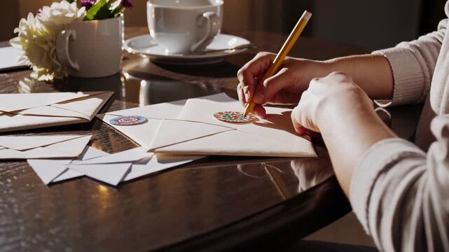 Creative Stationery Scene. Detailed View Of Handcrafting Envelopes Next To Teacup And Floral Decoration. Cozy Scene Of Hand Lettering And Sealing Envelopes Beside Steaming Cup In Morning Light