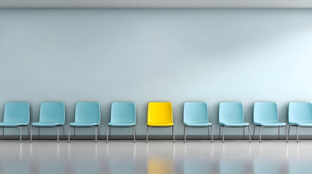 Row of Blue Chairs With One Yellow Chair Standing Out.