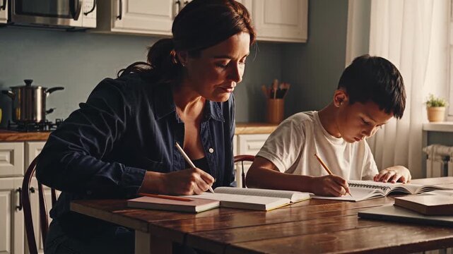 Mother Assists Young Boy With Mathematics Tasks. Nurturing Mother Supports Son During Educational Homework Session. Warm Domestic Scene Of Mother Patiently Helping Her Child Study Math At Home