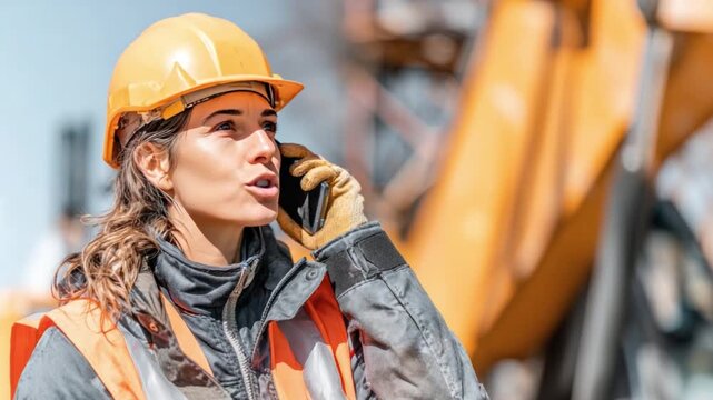 On-Site Communication: A determined woman in a hard hat and safety vest engages in a phone conversation amidst construction machinery, embodying competence and leadership.