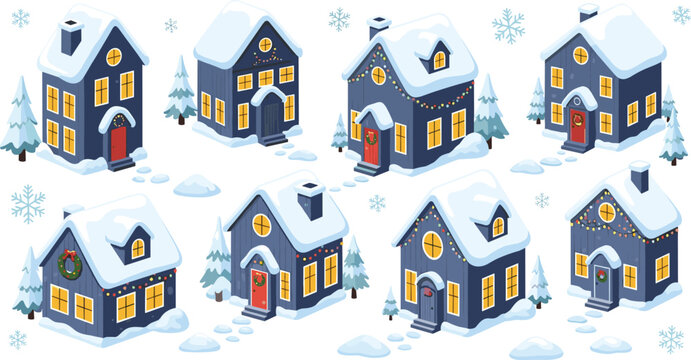 Cute winter village houses collection with snowy rooftops, cozy glowing windows, festive decorations and charming Christmas holiday cartoon style illustration