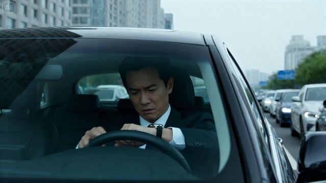 Frustrated commuter in business suit stuck in traffic jam, return to office mandate concept