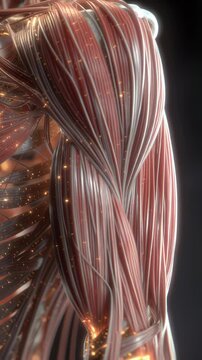 Detailed anatomical illustration of human arm muscles showing muscle fibers and structure.