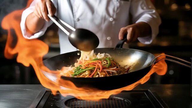 Chef cooking stir fry with flames in kitchen flaming dish