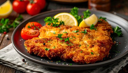 Fototapeta premium A close-up shot of a plate with breaded meat, tomatoes, parsley, and lemon wedges. Rustic dark background