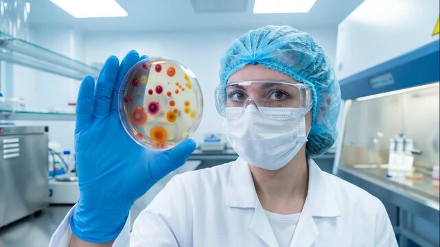 Scientist conducting microbiology research in laboratory. Researcher examines petri dish with colorful cultures. Scientific exploration promotes innovation and discovery.