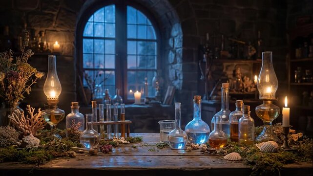 Mystical apothecary scene with glass bottles. Experimentation happens in candlelit environment. Herbal ingredients enhance magical atmosphere. Intricate details evoke curiosity and wonder.