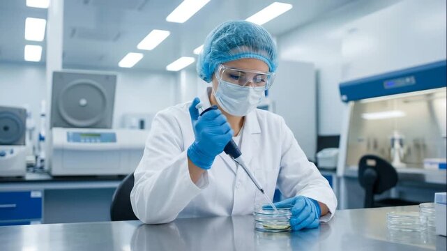 Lab technician conducting experiments with petri dishes and pipette. Focused scientist works in modern laboratory setting. Research aims at advancing science and innovation.