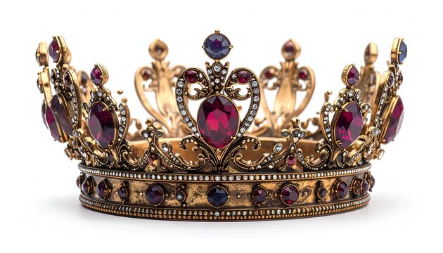 A close-up shot of a golden royal adornment, bedazzled with rubies and crystals. It sits isolated on a white backdrop, casting a subtle shadow
