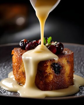 Golden bread pudding with a very soft and moist texture, served like a 5-star hotel, glossy creamy custard pudding sauce slowly poured around the pudding