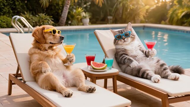 Golden retriever and fluffy tabby cat wearing sunglasses relax on poolside loungers holding bright cocktails, sunny tropical setting with humorous leisure concept