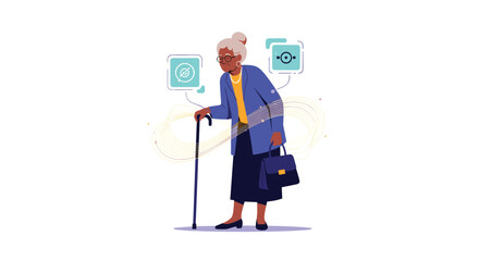 Fototapeta premium Senior woman walking with a cane and a handbag accompanied by digital icons representing health and assistance.