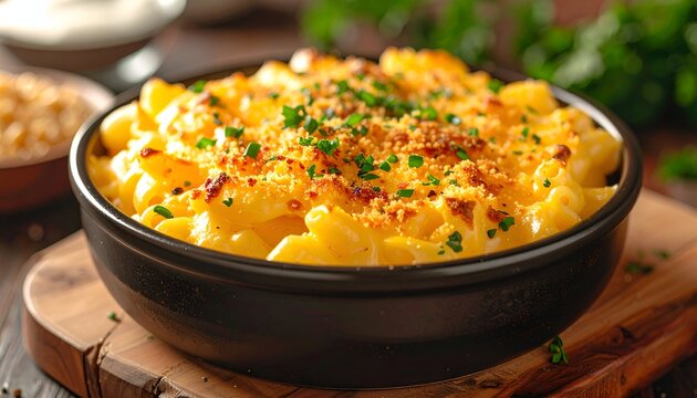 A close-up shot of a baked pasta dish, encased in a rich, creamy cheese sauce, with a golden, bubbly crust. Fresh herbs are sprinkled