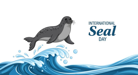 Vector illustration of a seal jumping out of blue waves on International Seal Day, promoting seal conservation awareness with a playful design. © Mela mela