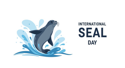 Fototapeta premium Vector illustration of a seal jumping out of water on International Seal Day with a conservation awareness theme and blue splash design elements.