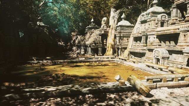 mossy temple pool amid jungle ruins, golden light filters through canopy, stagnant water reflecting carved stone facades, weathered steps and domed sanctuaries,
