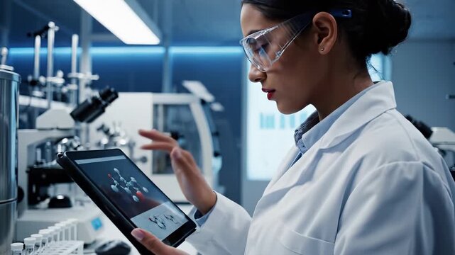Female scientist analyzes data in modern laboratory. She uses tablet to interpret research findings. Bright atmosphere enhances focus on innovation and discovery.