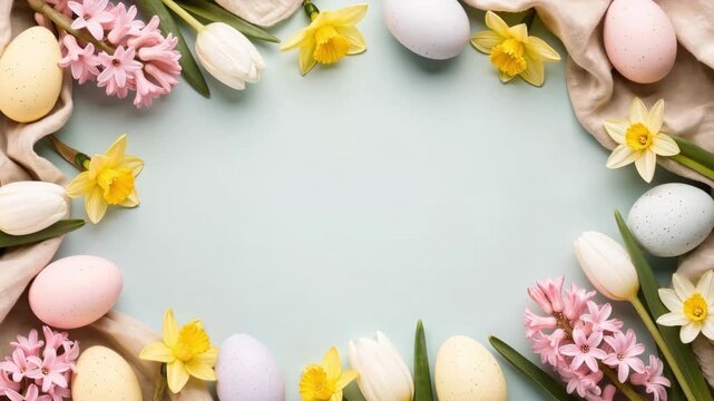 Pastel colored eggs, daffodils, tulips and hyacinths arranged as a soft floral border on light background with empty space, elegant Easter holiday decoration concept