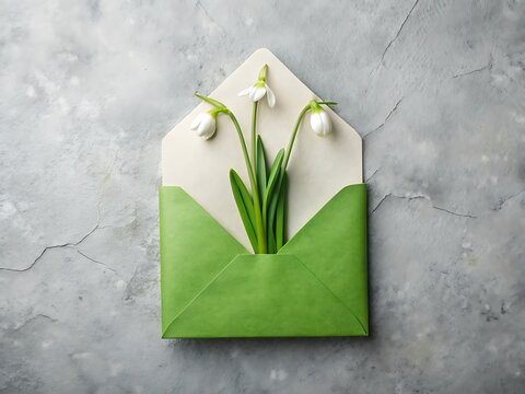 Green Envelope with Snowdrops on a Textured Grey Surface view photo