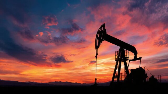 Golden Hour Oil Rig Silhouette: The imposing silhouette of an oil rig stands as a testament to industry against the backdrop of a fiery sunset, painting the sky with a mesmerizing palette of colors.