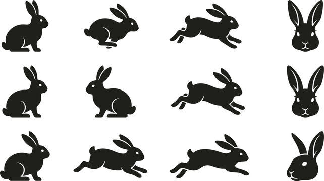 Black Rabbit Silhouette Set &ndash; Bunny Poses Vector Collection, Sitting Running Jumping