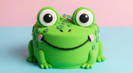 Fototapeta premium Cute Green Frog Character Cake with Big Eyes and Pastel Background