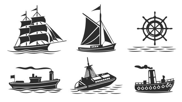 Vintage Nautical Ship Icons Set Sailing Vessel Steamboat Helm for Maritime Travel Web Design or History Projects