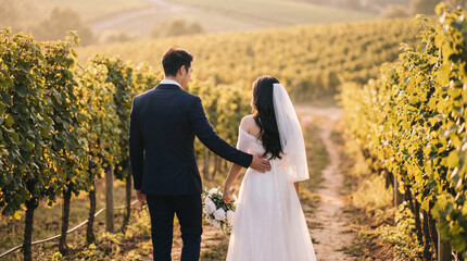 Naklejka premium Romantic newlywed couple walking hand-in-hand through a beautiful sunlit vineyard after their wedding ceremony.
