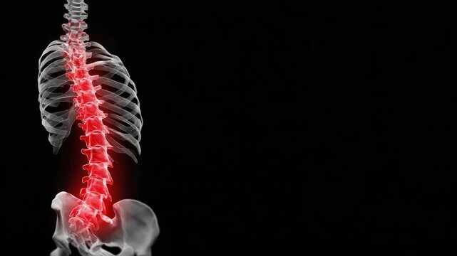 Radiant Spine: A luminous and detailed medical illustration of the human spine against a dark backdrop. The image beautifully showcases the intricate anatomy of the spine and its radiant form.
