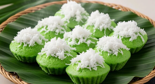Traditional Indonesian Pandan Cake with Grated Coconut Topping