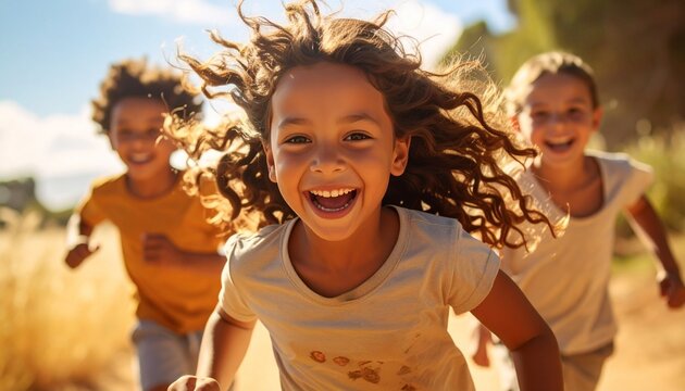 un gruppo di bambini che corrono felici su una strada sterrata in una giornata di sole