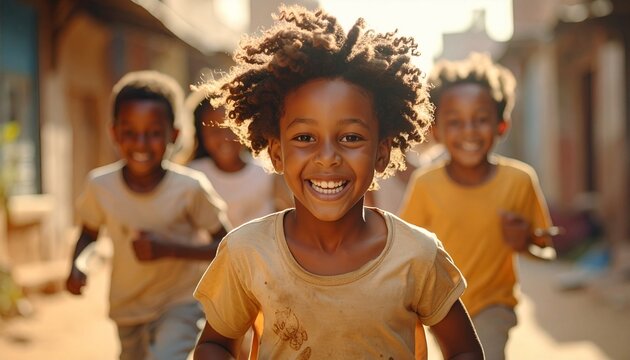 un gruppo di bambini che corrono felici su una strada sterrata in una giornata di sole