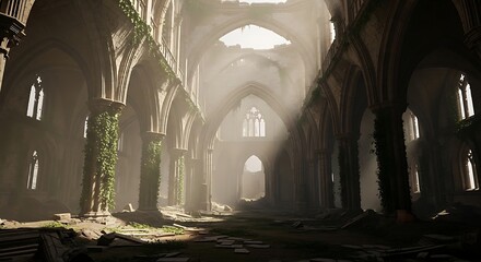 Obraz premium Abandoned church interior with sunlight.
