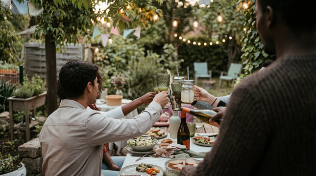 Friends toasting with drinks at an outdoor dinner party in a cozy backyard, celebrating togetherness and good times.