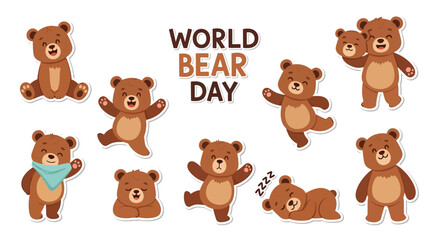 Obraz premium Illustrations of brown bears in various poses for World Bear Day with a white background and conservation theme.