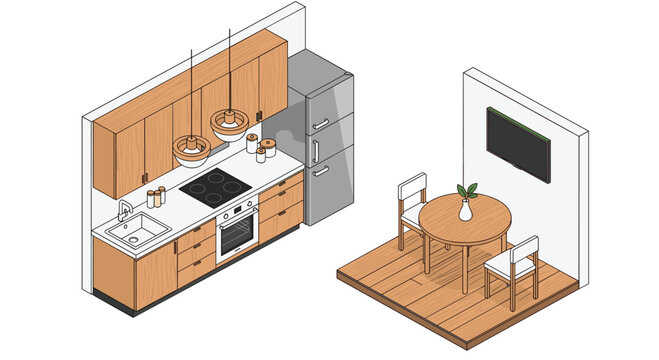 An isometric illustration shows a kitchen with wooden cabinets, a stove, and a refrigerator, alongside a dining area with a round table and two chairs.