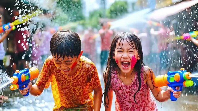 Cinematic footage of two happy Thai children laughing and playing with water guns during Songkran Festival. High-energy lifestyle style with water splashes, vibrant floral shirts, and ample copy space