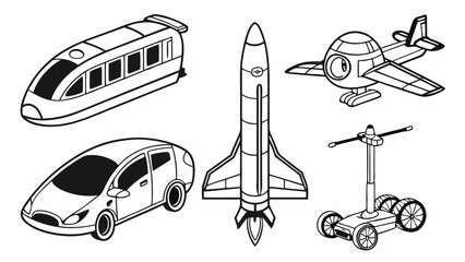 Diverse Transportation Icons Set Futuristic Travel Vehicles Rocket Car Train Airplane Scooter for Tech Web Design Illustration