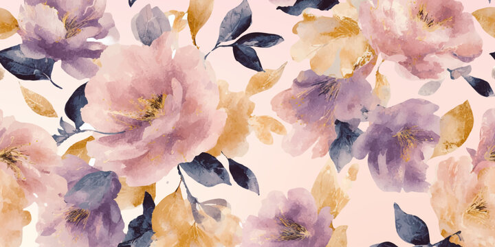 Watercolor seamless floral pattern featuring blush pink, light purple, and soft golden flowers with muted blue gray leaves, creating a delicate botanical background texture