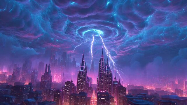 Futuristic city cyberpunk skyline neon lightning storm cloud vortex sci fi landscape glowing skyscraper purple sky electric energy fantasy metropolis nightscape digital art neon skyline